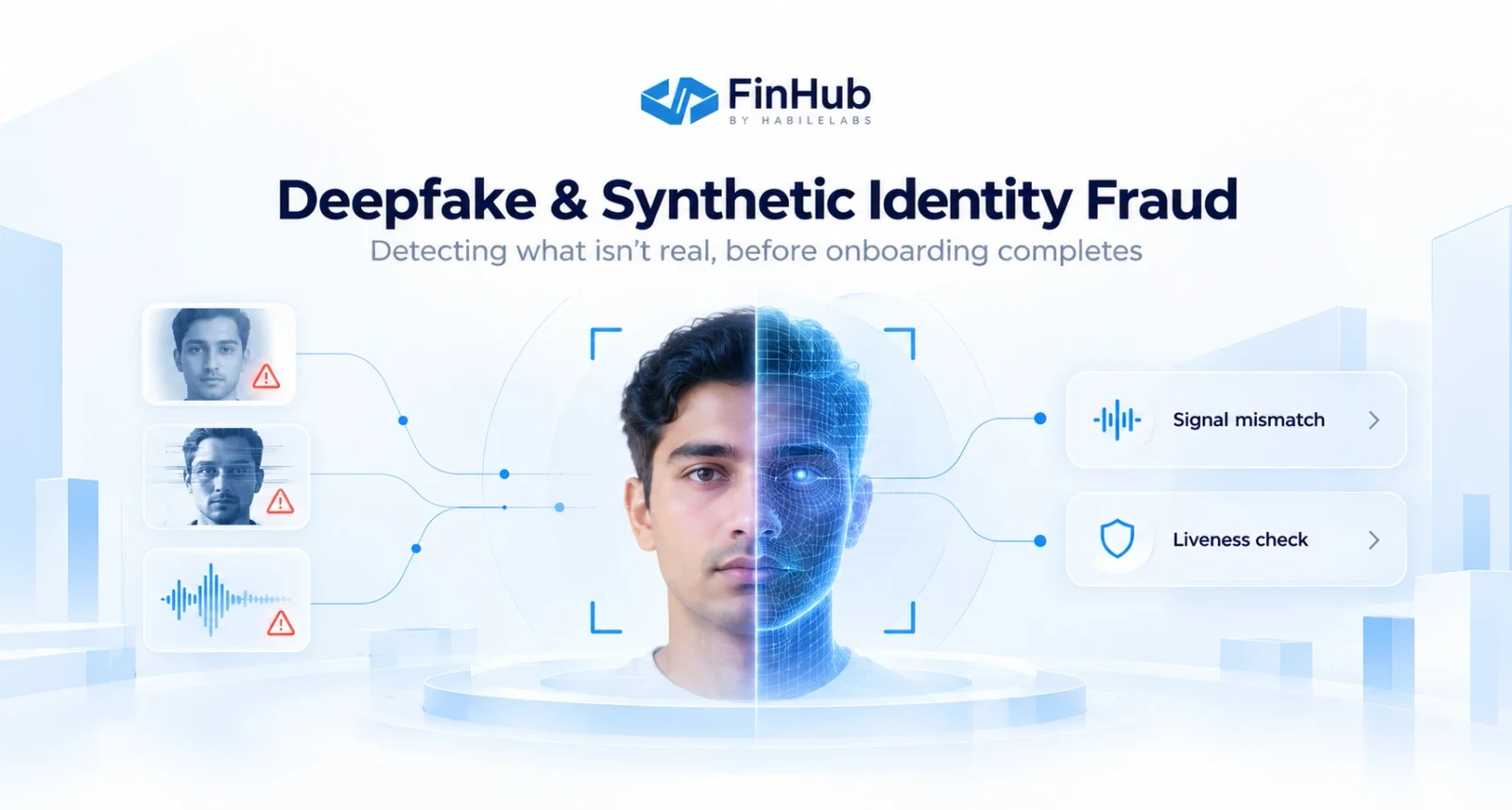 Deepfake and synthetic identity fraud: detecting what isn't real before onboarding completes. A face rendered half photographic and half wireframe, with flagged face and voice inputs on one side and signal mismatch and liveness checks on the other.