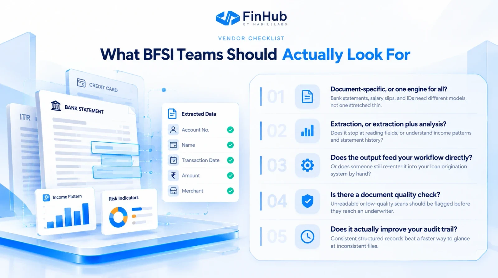 Vendor checklist: what BFSI teams should actually look for. Five questions, on whether the models are document-specific or one engine for all, whether it stops at extraction or also analyses, whether the output feeds the workflow directly, whether there is a document quality check, and whether it improves the audit trail.